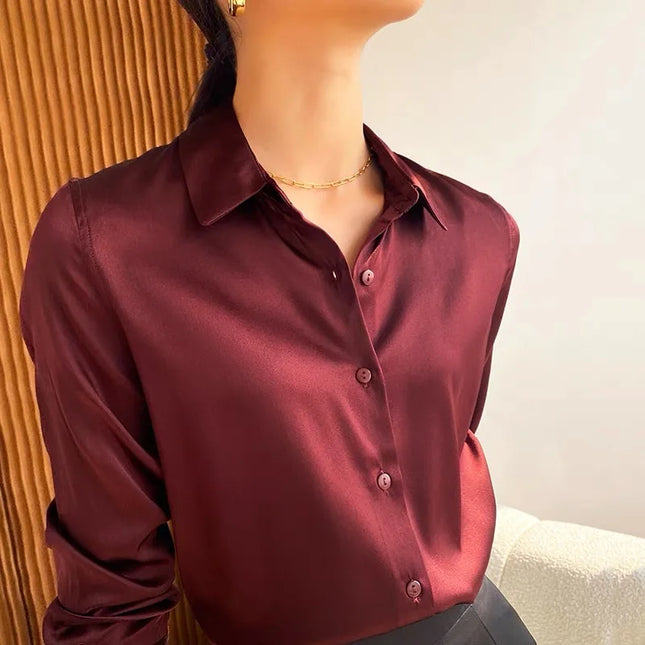 Elegant Satin Women's Blouse with Long Sleeves and Turn-down Collar