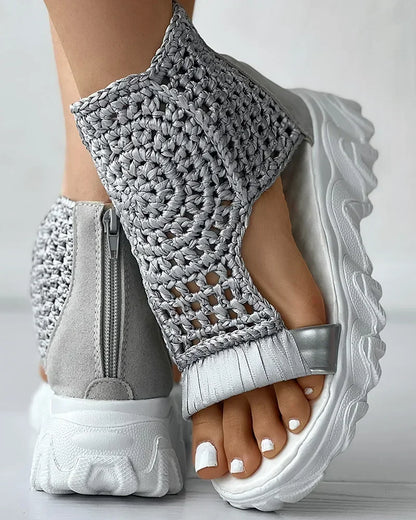 Gold Knitted Women's Sandals - Braided Elastic Mesh Flat Bottom Shoes
