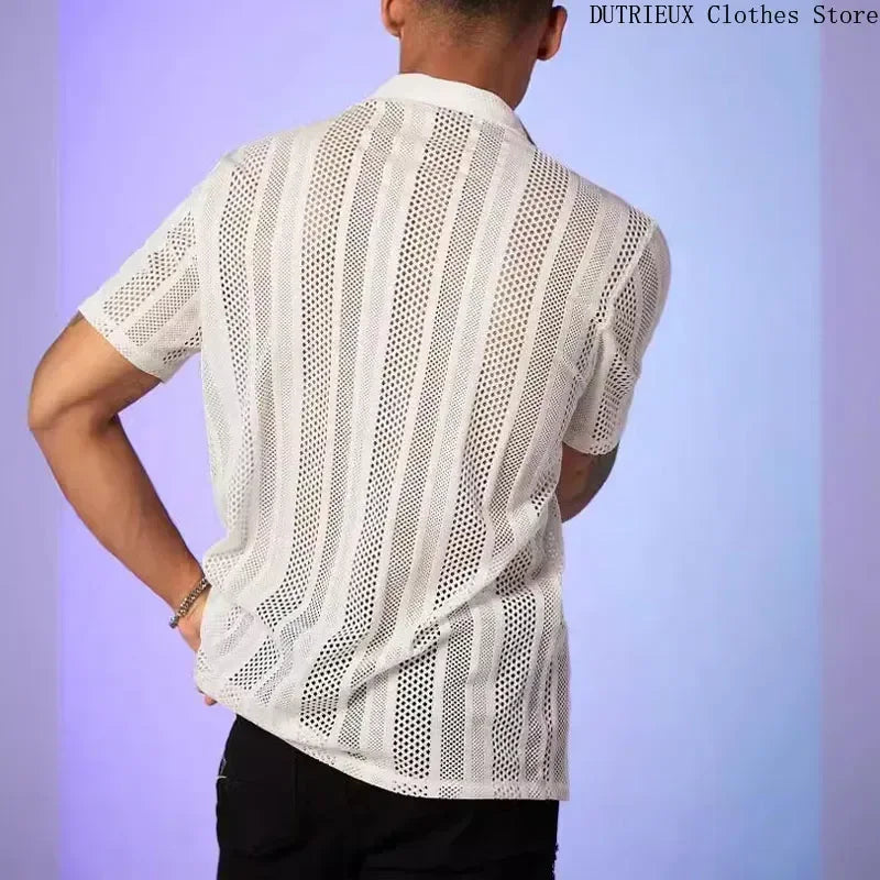 Men's Breathable Lace Hollow-Out Shirt – Stylish Casual Top for Men
