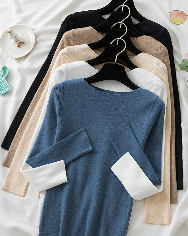 High-Quality Slim Knitted O-Neck Sweater for Women - Various Colors
