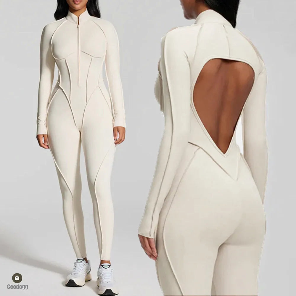 Women's Fitness Jumpsuit with Zipper - Activewear Bodysuit for Workout & Gym