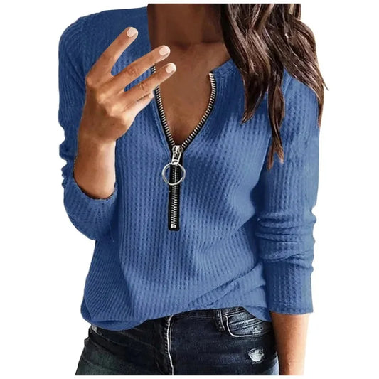  Women's Long Loose Fit Sweater with Zipper Collar