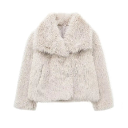 TRAFZA Women's Vintage Style Cropped Faux Fur Jacket - Elegant Loose Long Sleeve Coat - Thick and Warm Outerwear