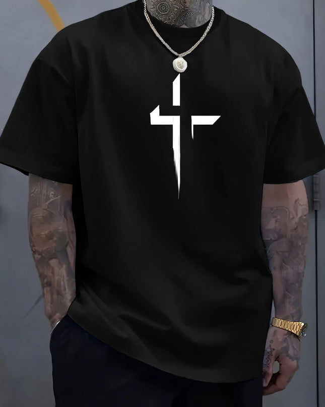 Men's 100% Cotton Casual Loose Fit Cross Print Round Neck T-Shirt