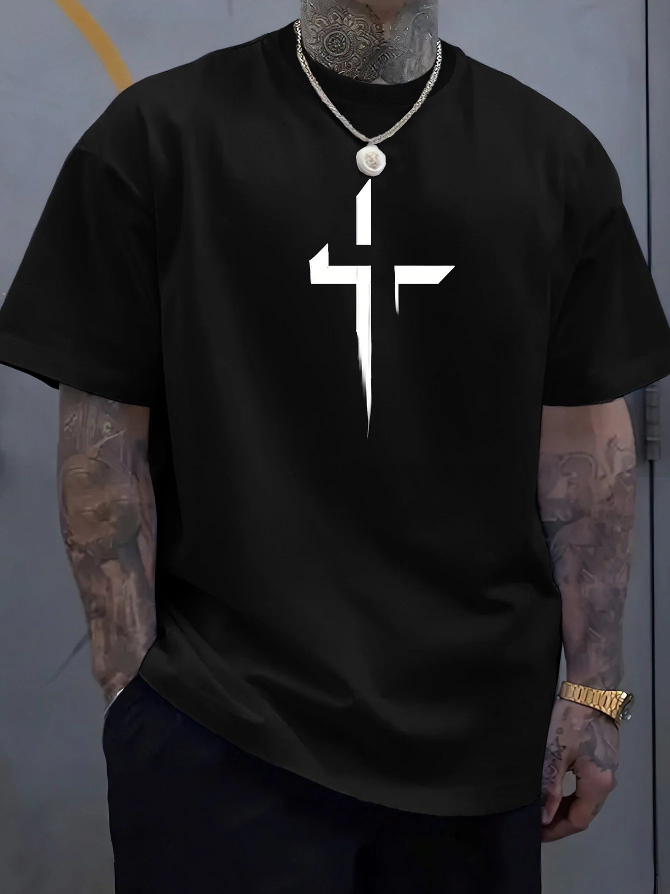 Men's 100% Cotton Casual Loose Fit Cross Print Round Neck T-Shirt