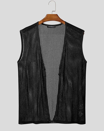 Men's Summer Tank Top with Solid Design, Hollow Out, See-Through Style, and Button Detail