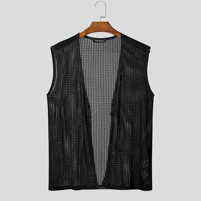 Men's Summer Tank Top with Solid Design, Hollow Out, See-Through Style, and Button Detail