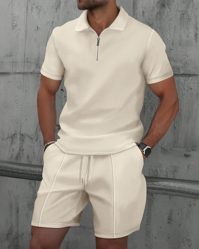 Men's Two-Piece Zip-Up Lapel T-Shirt and Shorts Set - Casual Summer Activewear