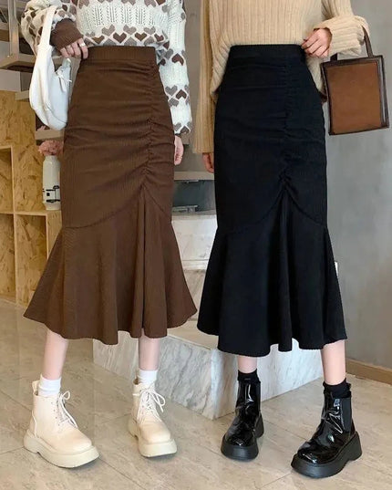 Women's Slim Fit High Waist Midi Skirt with Ruffles