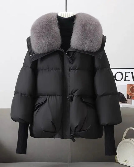 Women’s Short Padded Parka Jacket with Down Cotton, Fur Collar