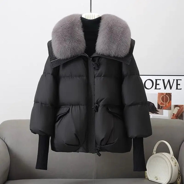 Women’s Short Padded Parka Jacket with Down Cotton, Fur Collar