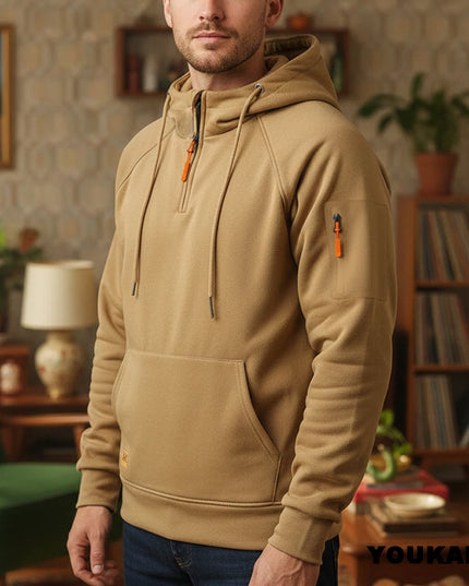 Men's Retro Hooded Sweatshirt with Long Sleeves, Zipper, Multiple Pockets