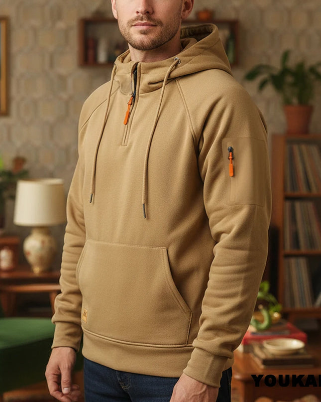 Men's Retro Hooded Sweatshirt with Long Sleeves, Zipper, Multiple Pockets