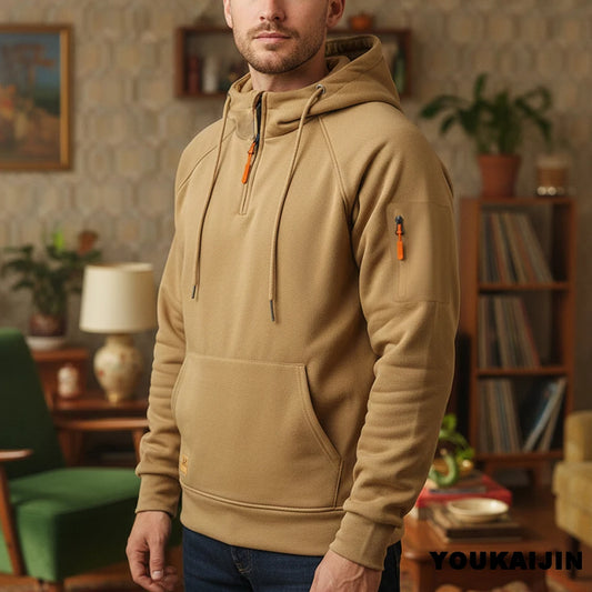 Men's Retro Hooded Sweatshirt with Long Sleeves, Zipper, Multiple Pockets