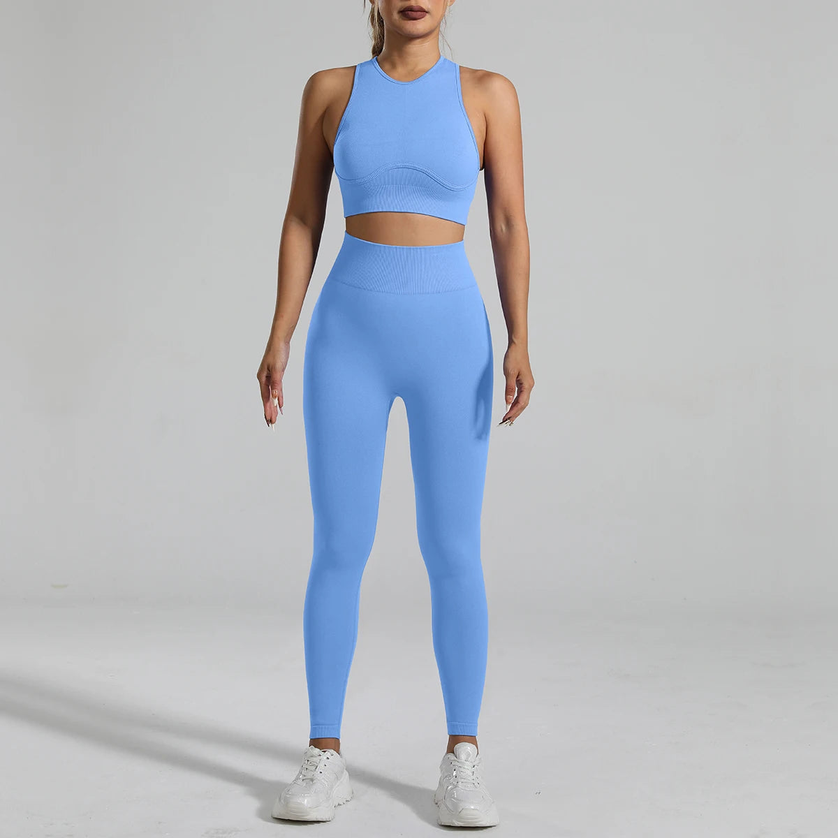High-Waisted Ribbed Yoga Bra & Leggings Set for Women with Tummy Control