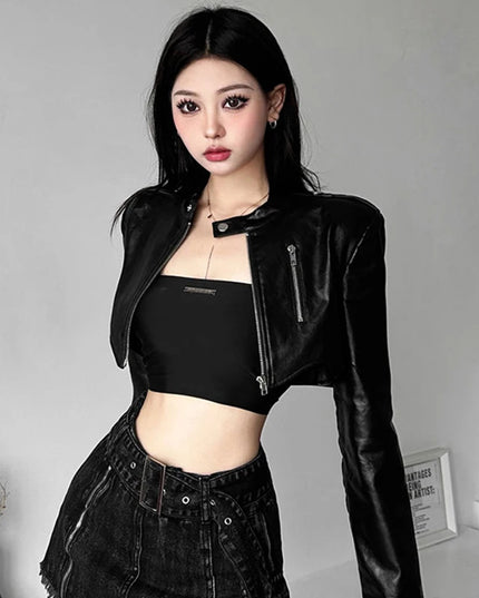Women's PU Leather Cropped Slim Fit Zipper Jacket