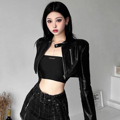 Women's PU Leather Cropped Slim Fit Zipper Jacket