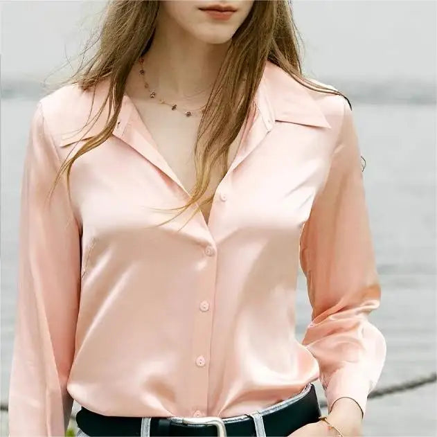 Elegant Satin Women's Blouse with Long Sleeves and Turn-down Collar