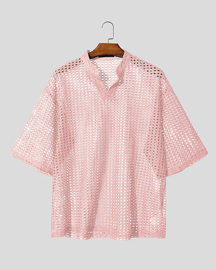 Incerun Men's Hollow Out V-Neck Short Sleeve T-Shirt - See-Through Loose Fit