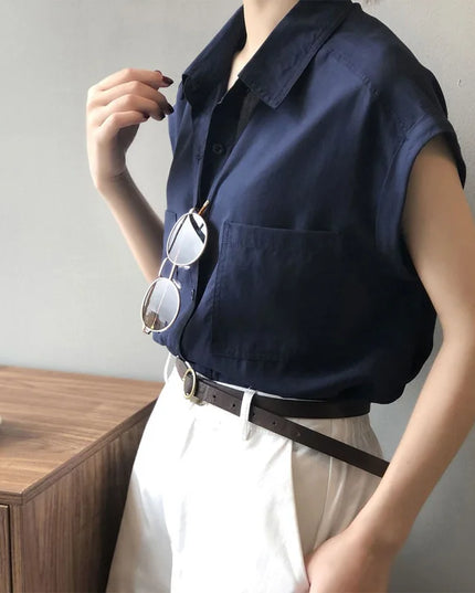 Women's Loose-Fitting Short Sleeve Shirt Blouse with Thin Style Lapel and Pocket
