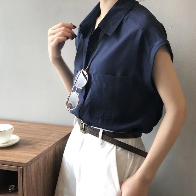 Women's Loose-Fitting Short Sleeve Shirt Blouse with Thin Style Lapel and Pocket