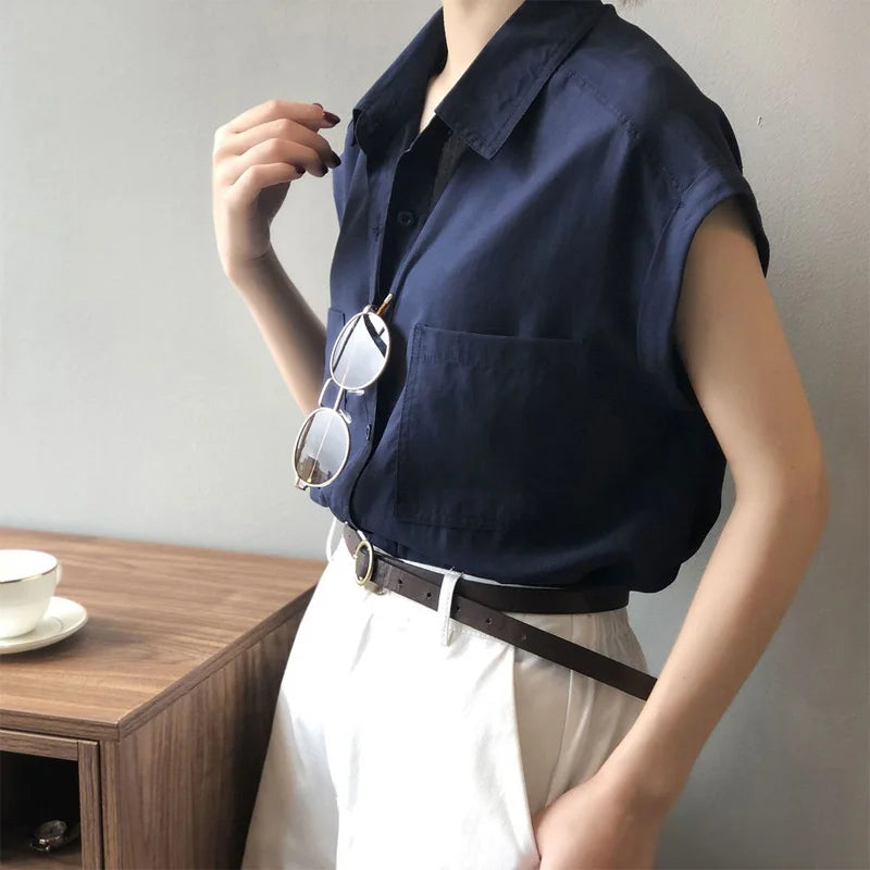 Women's Loose-Fitting Short Sleeve Shirt Blouse with Thin Style Lapel and Pocket