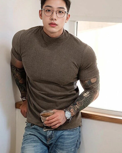 Men's Short Sleeve T-Shirt with Half High Collar – Slim Fit Casual Top for Men