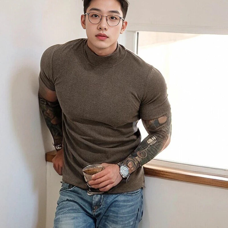 Men's Short Sleeve T-Shirt with Half High Collar – Slim Fit Casual Top for Men