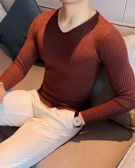 Men's V-Neck Long Sleeve Slim Fit Casual Knit Sweater