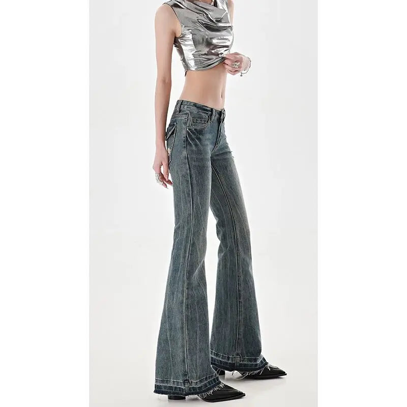 Women's Low Waist Flared Jeans - Slim Fit Micro Flare Pants for a Stylish Look