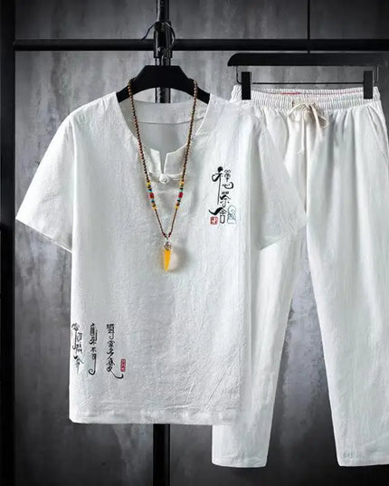 Men's Cotton-Linen Two-Piece T-Shirt and Jogger Pants Set