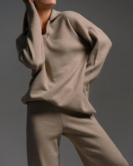 Women's Thick Knitted 2 Piece Set: Soft Polo Neck Sweater & Wide Leg Pants