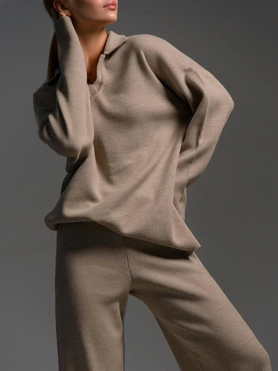 Women's Thick Knitted 2 Piece Set: Soft Polo Neck Sweater & Wide Leg Pants
