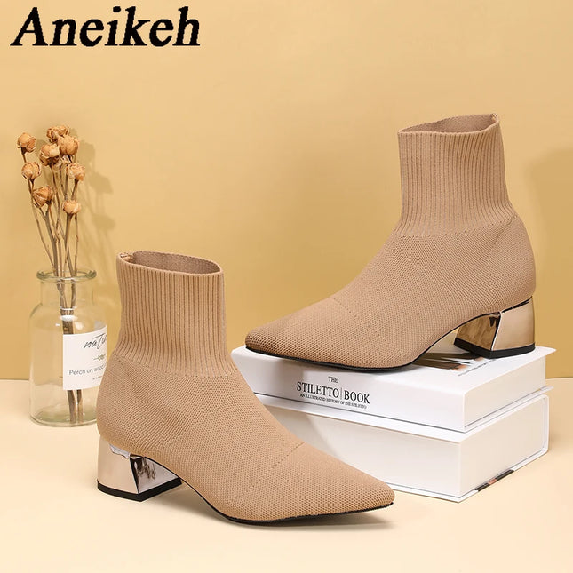 Aneikeh Women's Elegant Knit Stretch Ankle Boots