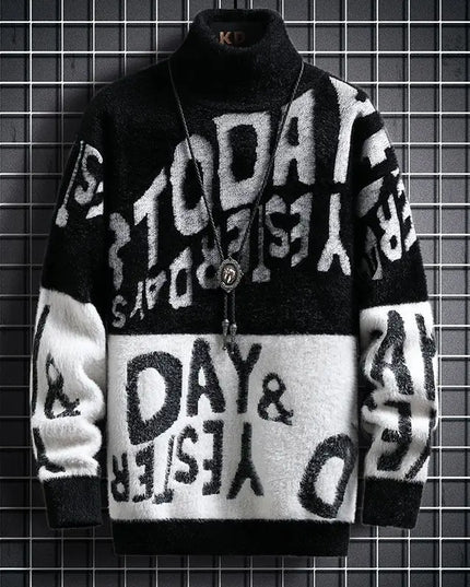 Men's Long Sleeve Turtleneck Sweater with Letter Print