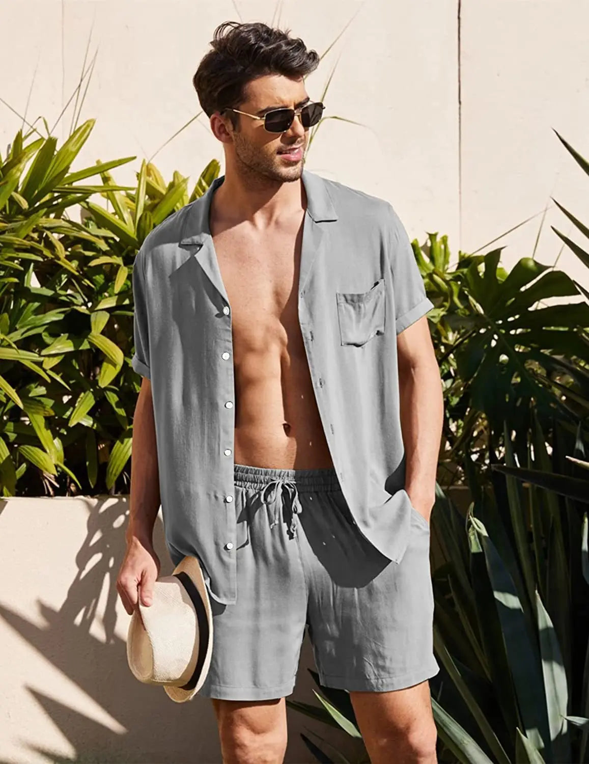 Men's Cotton Two-Piece Shirt and Shorts Set