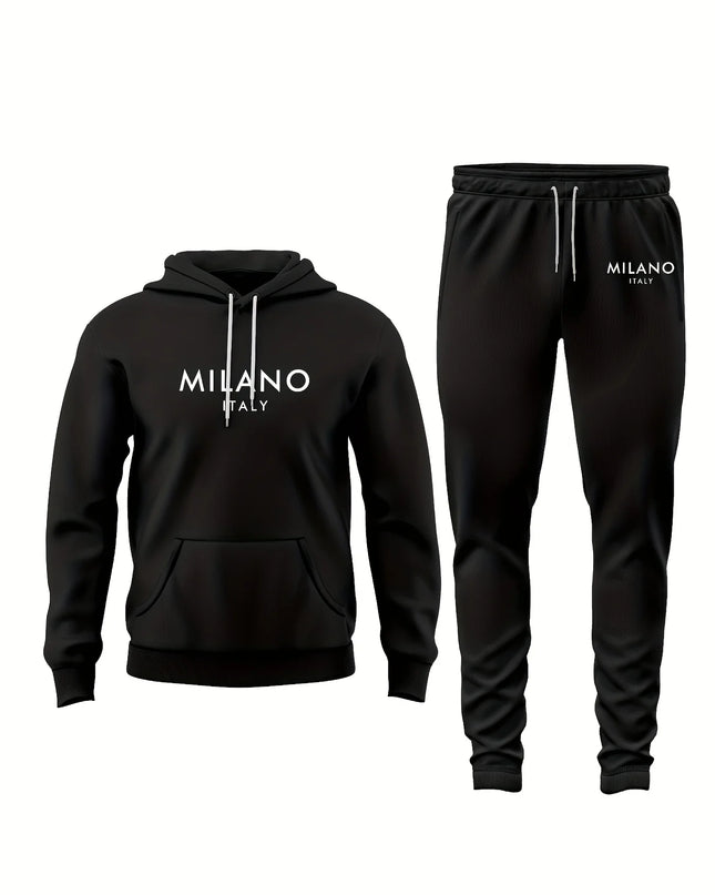 Men's Milano Italy Letter Print Loose Fit Thick Hoodie and Joggers Set