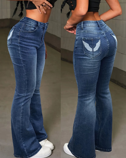 Women's High-Waist Stretchy Embroidered Wing Flare Leg Jeans - Skinny Fit