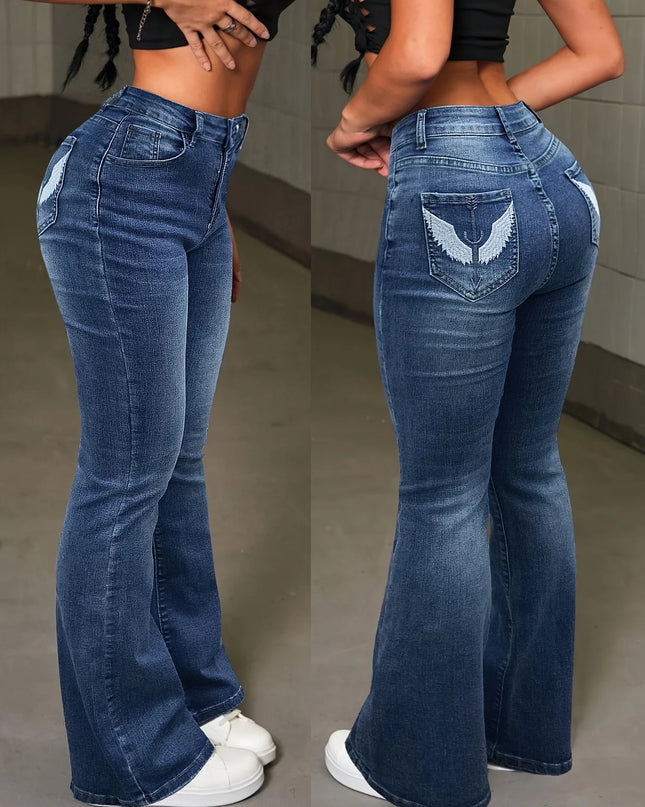 Women's High-Waist Stretchy Embroidered Wing Flare Leg Jeans - Skinny Fit