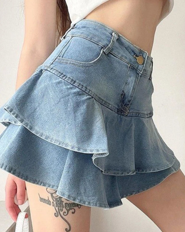 Vintage High-Waist Denim Skirt with Ruffle Detailing