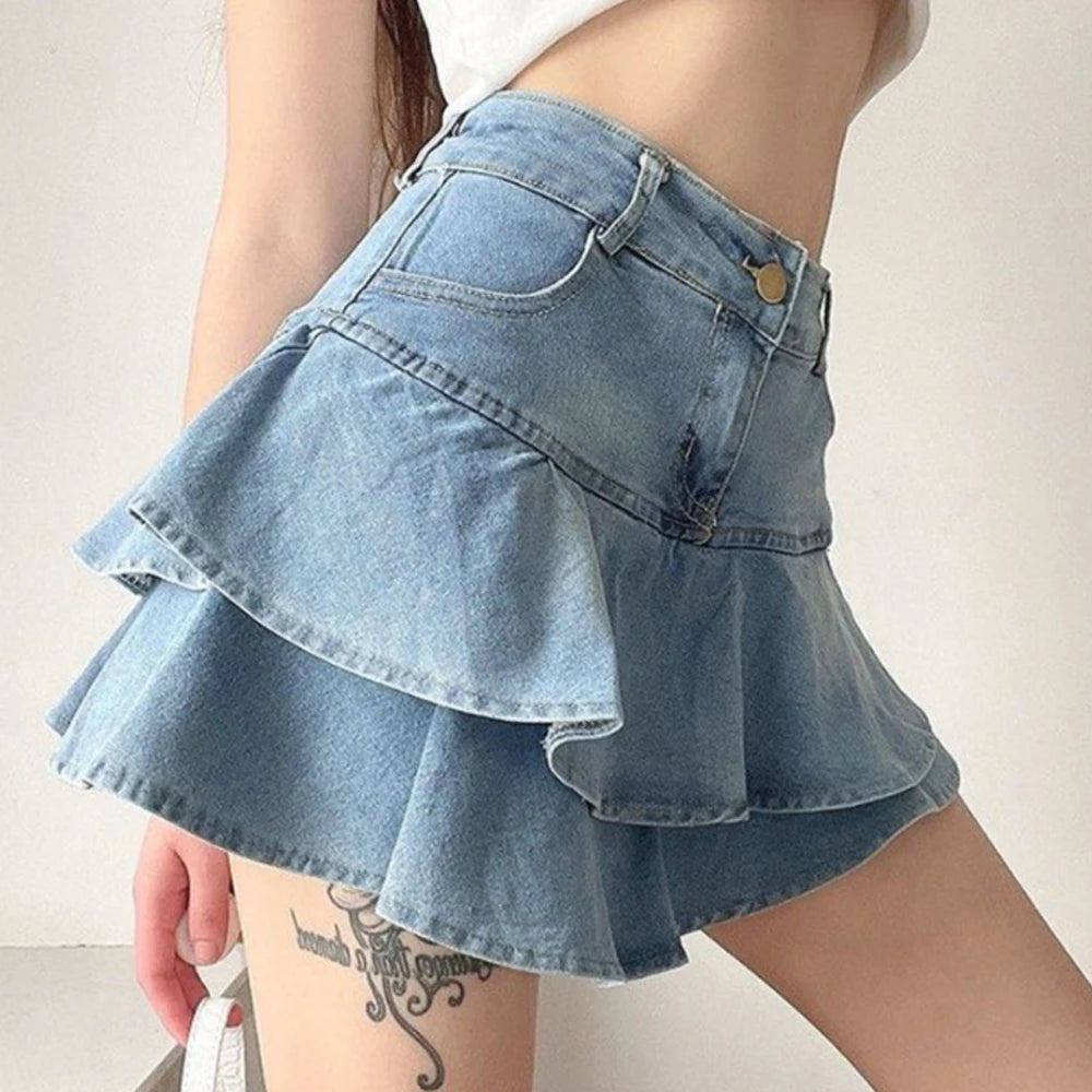 Vintage High-Waist Denim Skirt with Ruffle Detailing