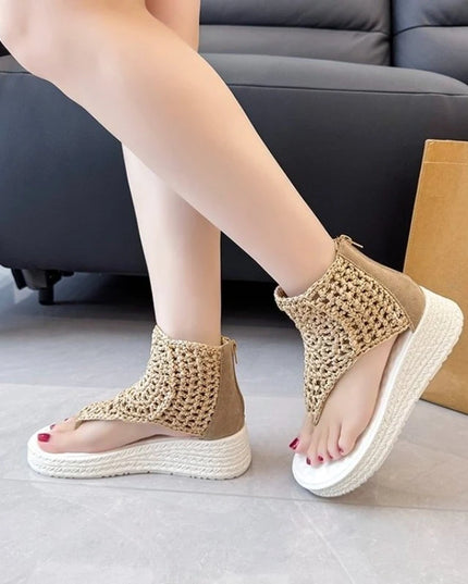 Women's Knitted Sandals with Braided Elastic and Mesh Flat Sole