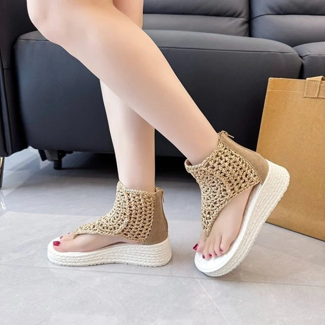 Women's Knitted Sandals with Braided Elastic and Mesh Flat Sole