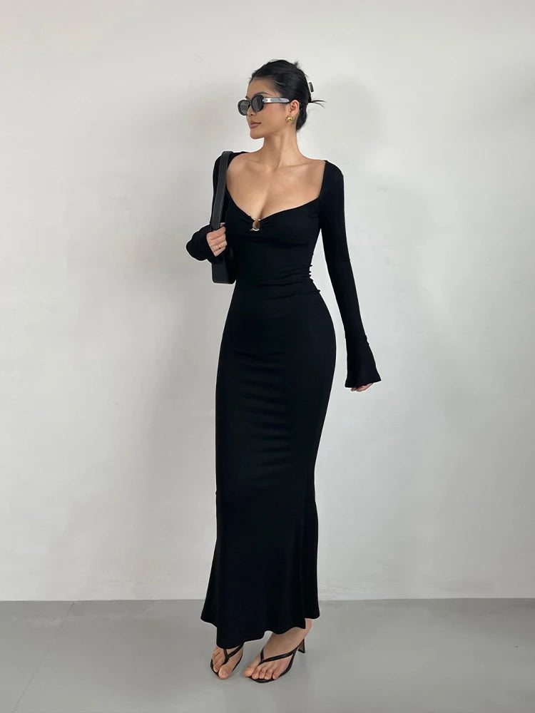 Elegant Women's V-Neck Dress with Flare Sleeves and High Waist Slim Fit Fish Tail Design