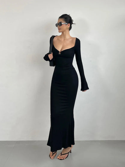 Elegant Women's V-Neck Dress with Flare Sleeves and High Waist Slim Fit Fish Tail Design