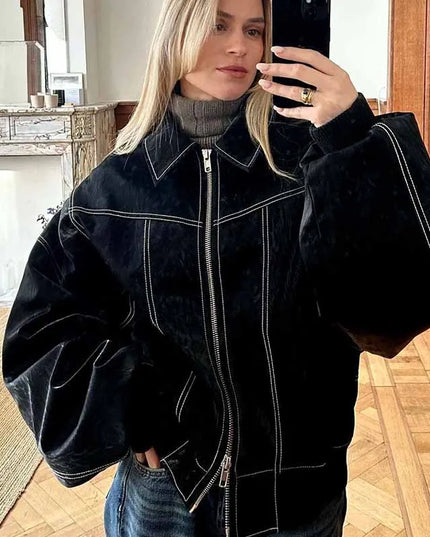 Women's Zipper PU Leather Jacket with Stitch Lapel - Loose Fit