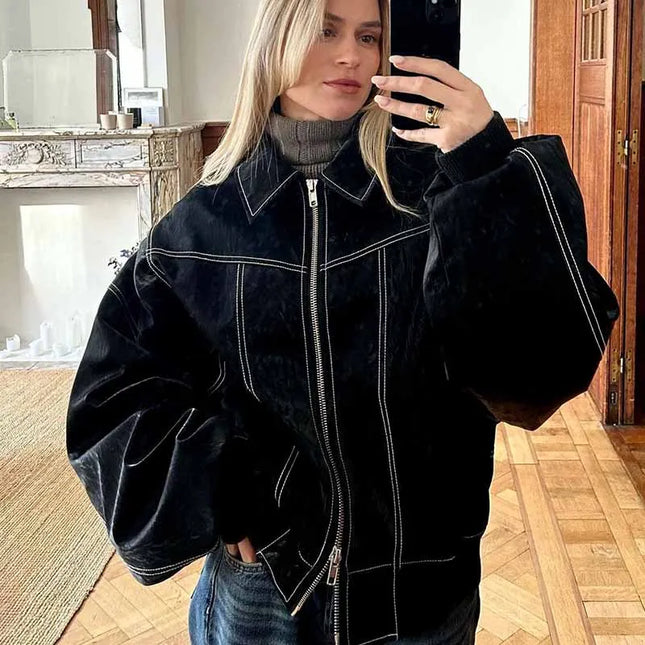 Women's Zipper PU Leather Jacket with Stitch Lapel - Loose Fit