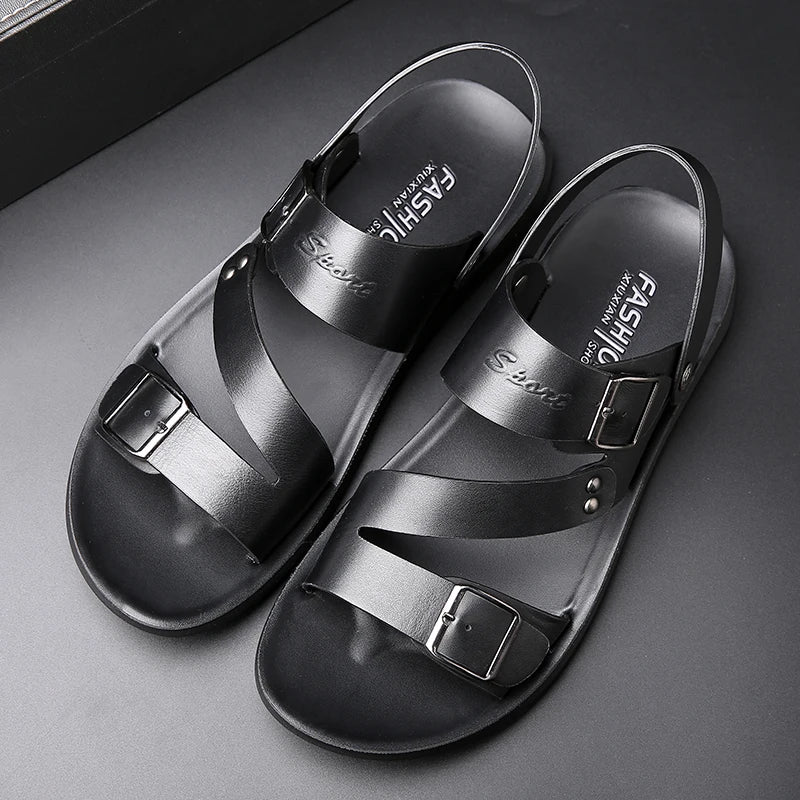 Men's Casual Faux Leather Sandals - Non-Slip, Breathable Roman Slippers