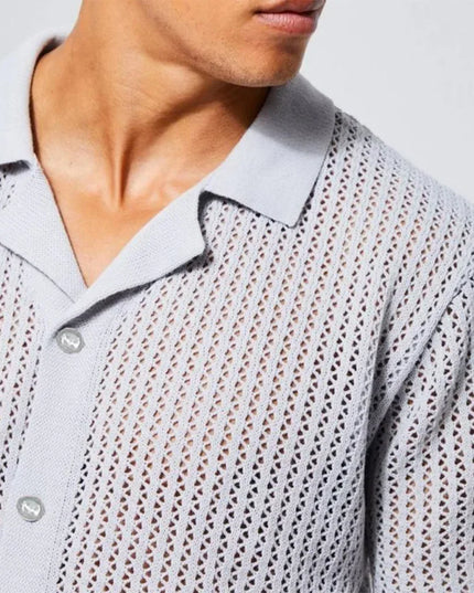 Men's Casual Knitted Shirt with Lapel - Hollow-Out Design - Button Closure