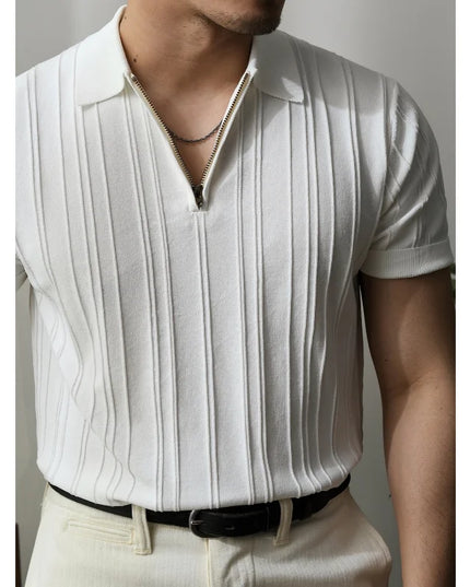 Men's Solid Zipper Knitted Polo Shirt with Lapel